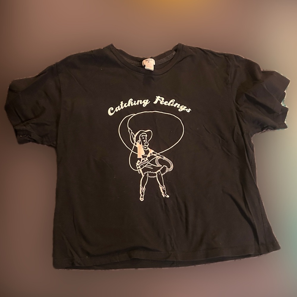 Forever 21 Black Women’s Tee with Catching Feelings Rodeo/Cowgirl Graphic